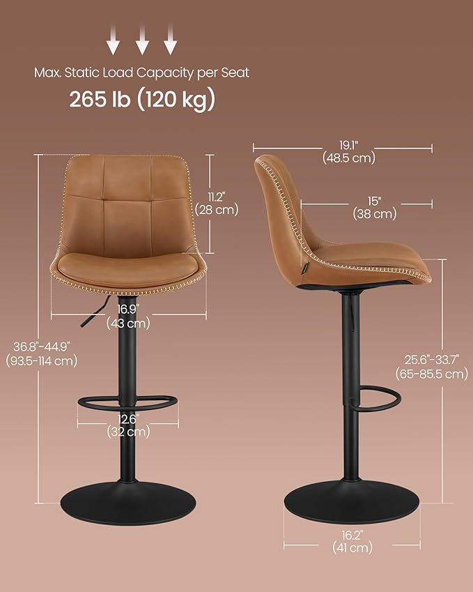 VASAGLE Bar Stools, Set of 4 Swivel Bar Chairs, Adjustable Height, Quilt, Synthetic Leather Kitchen Stools with Back and Footrest, Dining Room, Counter, Steel, Caramel Brown ULJB095KN01-2J