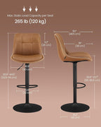 VASAGLE Bar Stools, Set of 4 Swivel Bar Chairs, Adjustable Height, Quilt, Synthetic Leather Kitchen Stools with Back and Footrest, Dining Room, Counter, Steel, Caramel Brown ULJB095KN01-2J