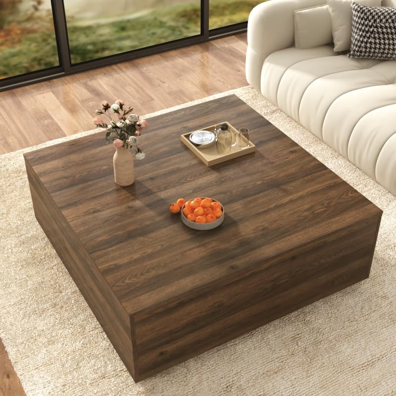 43 Inch Large Square Coffee Table with Storage,Wooden Coffee Table((Walnut)