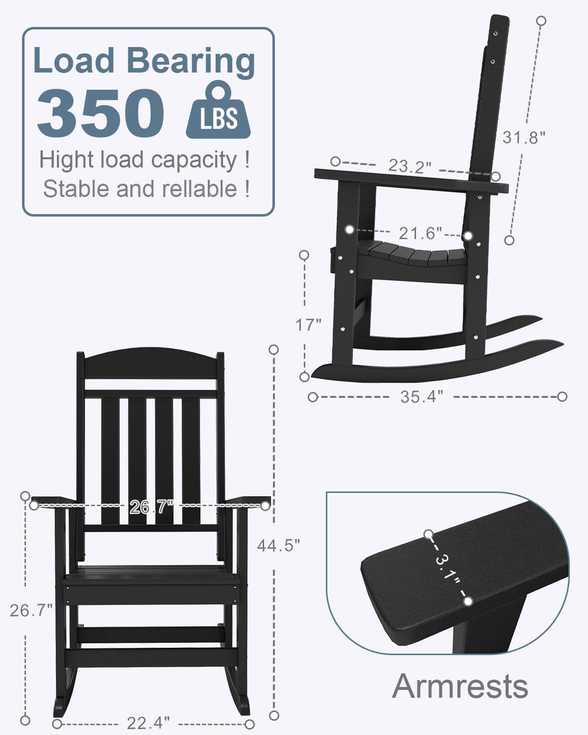 NAVINE Outdoor Rocking Chairs Set of 2, Oversized High Back Patio Rocking Chairs, All Weather Porch Rocking Chairs for Outside. Black