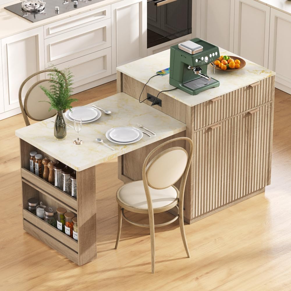 Kitchen Island, 82.6-Inch Natural with Extendable Dining Table and Outlet | F...