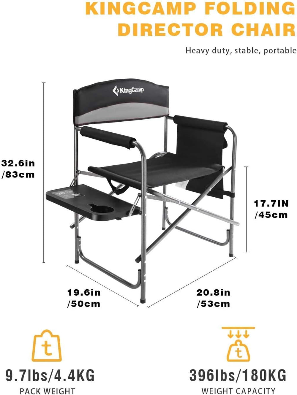 KingCamp Folding Camping Chair, Heavy Duty Portable Directors Style with Side...