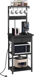MAHANCRIS Bakers Rack with Drawer, Microwave Stand with Power Outlet, Coffee Bar Station with 4 Hooks, Kitchen Storage Shelf Rack 4 Tiers, for Kitchen, Dining Room, Black BRBK48E01
