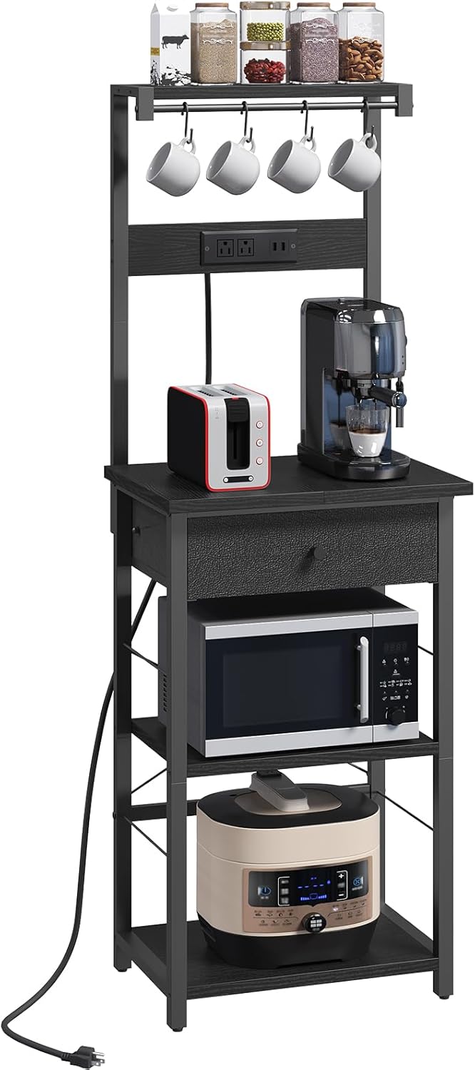 MAHANCRIS Bakers Rack with Drawer, Microwave Stand with Power Outlet, Coffee Bar Station with 4 Hooks, Kitchen Storage Shelf Rack 4 Tiers, for Kitchen, Dining Room, Black BRBK48E01