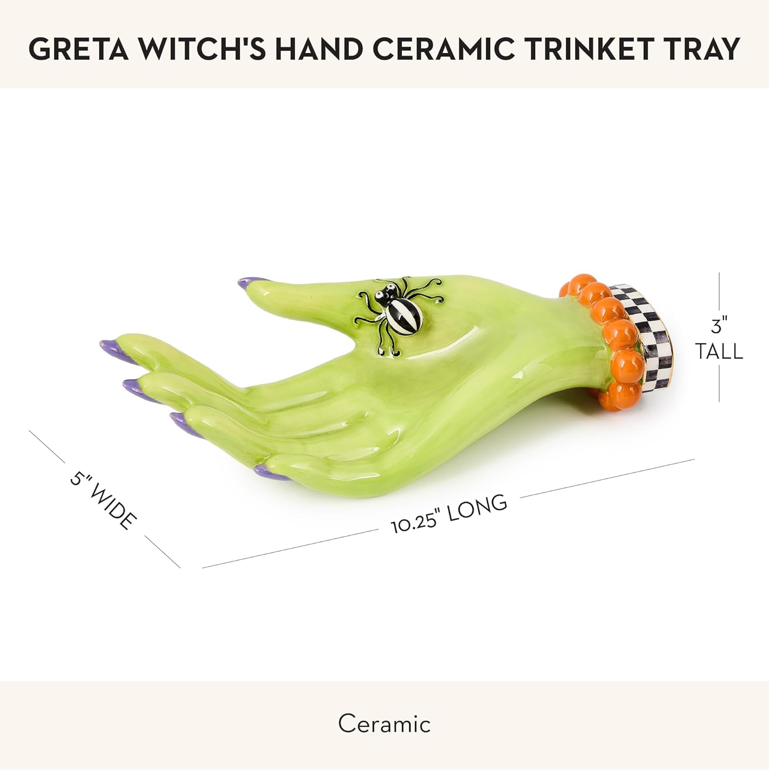 MACKENZIE-CHILDS Ceramic Trinket Tray, Greta Witch’s Hand | Handcrafted design, decorative tray for room decor, 5" W x 10.25" L x 3" H