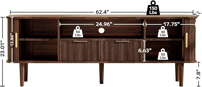 Fluted TV Stand, 62 Inch Mid Century Modern Media Console Table with Sliding Tambour Door Farmhouse Sideboard Buffet Cabinet Fits TVs up to 75 inch, Wood Entertainment Center for Living Room