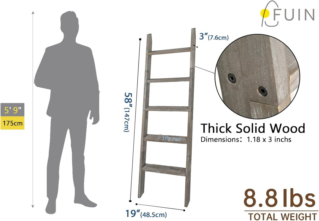 Blanket Ladder, 5ft Rectangle Rung Rustic Solid Wood Decor Rack, Grey | 5 rungs, farmhouse quilt display holder, showcase picture frames or plants, leaning wall, bathroom and living room use