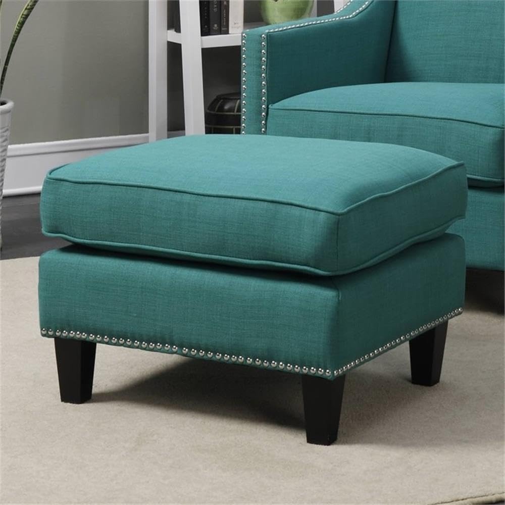 BOWERY HILL Solid Wood Frame Ottoman, Teal Fabric Upholstery, Nail Head Trim,...