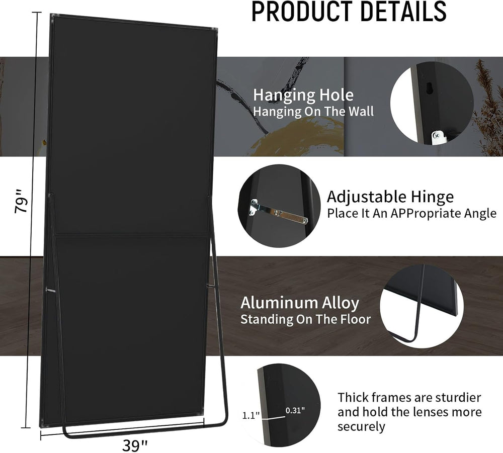 Beauty4U 79" x 39" Full Length Mirror with Stand, Black Large Floor...