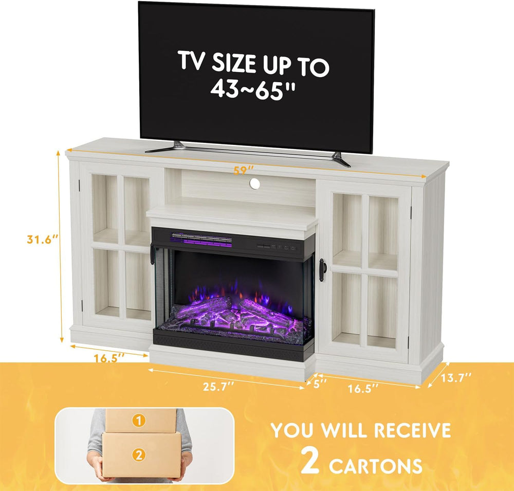 JUMMICO Fireplace TV Stand up to 65", 3-Sided Glass, Distressed White | ...
