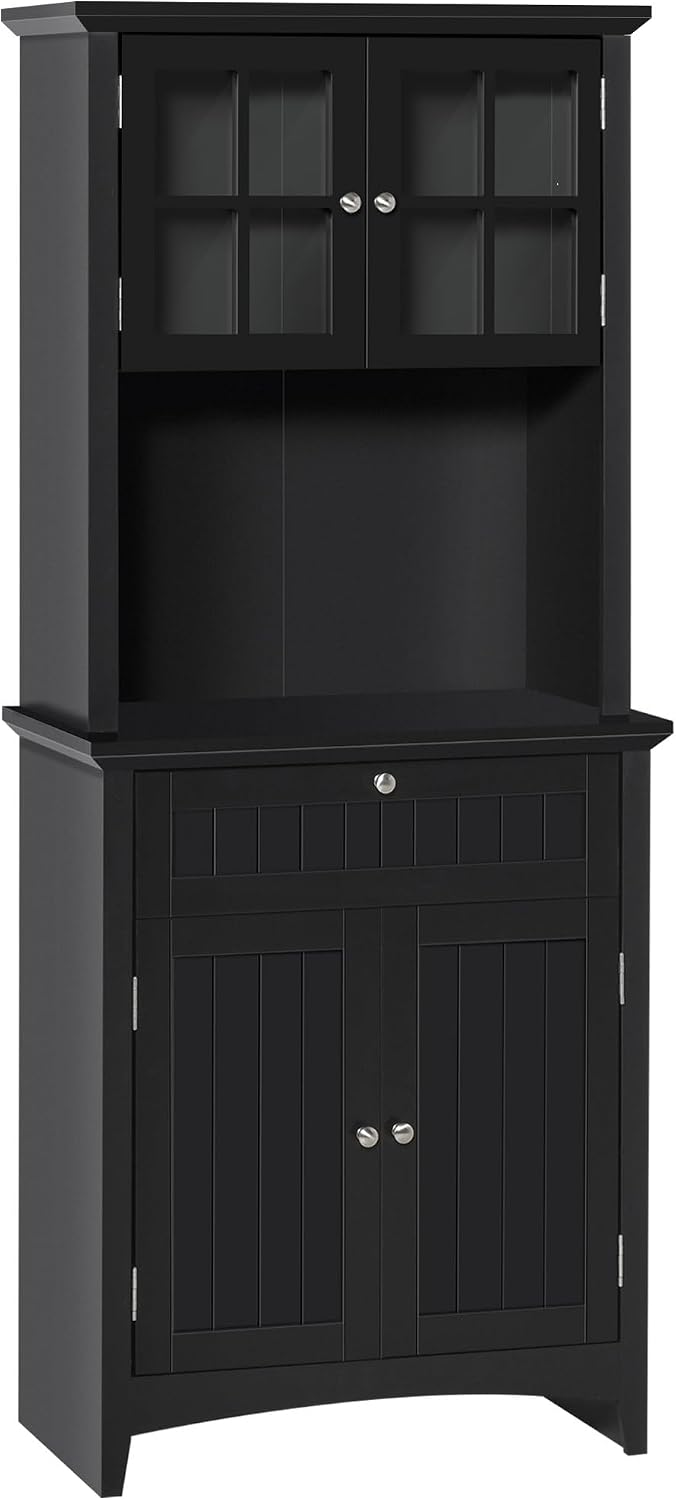Kitchen Pantry Storage Cabinet with Framed Glass Door Drawer and Microwave Sp...
