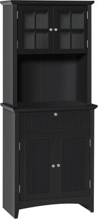 Kitchen Pantry Storage Cabinet with Framed Glass Door Drawer and Microwave Space, Black,for Kitchen
