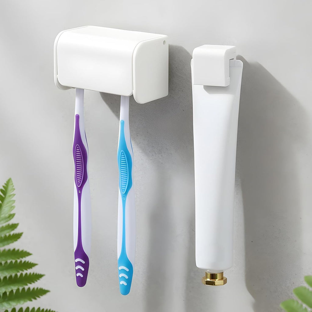 2Pcs Toothbrush Holder Wall Mounted with Cover, 2 Slots Toothbrush Storage Organizer for Shower Self-Adhesive Toothbrushes Hanger Toothpaste Clip Moisture-Proof and Dust-Proof for Family and Travel