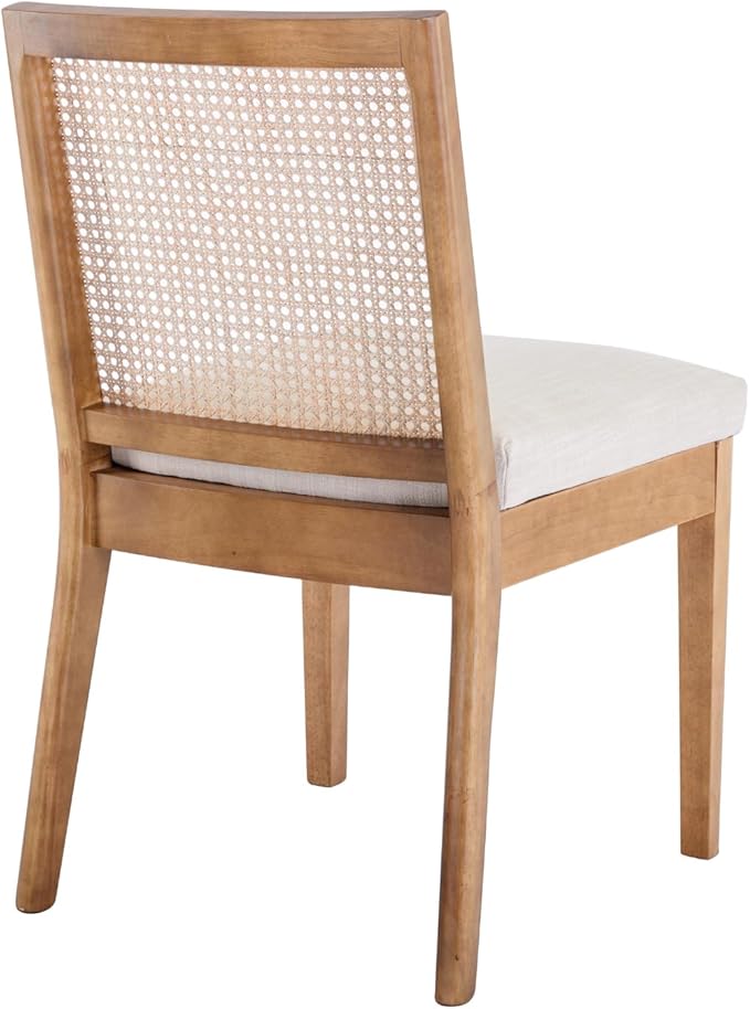 Farmhouse Rattan Dining Chairs Set of 2, Cream Linen Upholstered with Cane Back, Comfortable Side Wood Chairs for Dining Room/Kitchen/Living Room/Restaurant