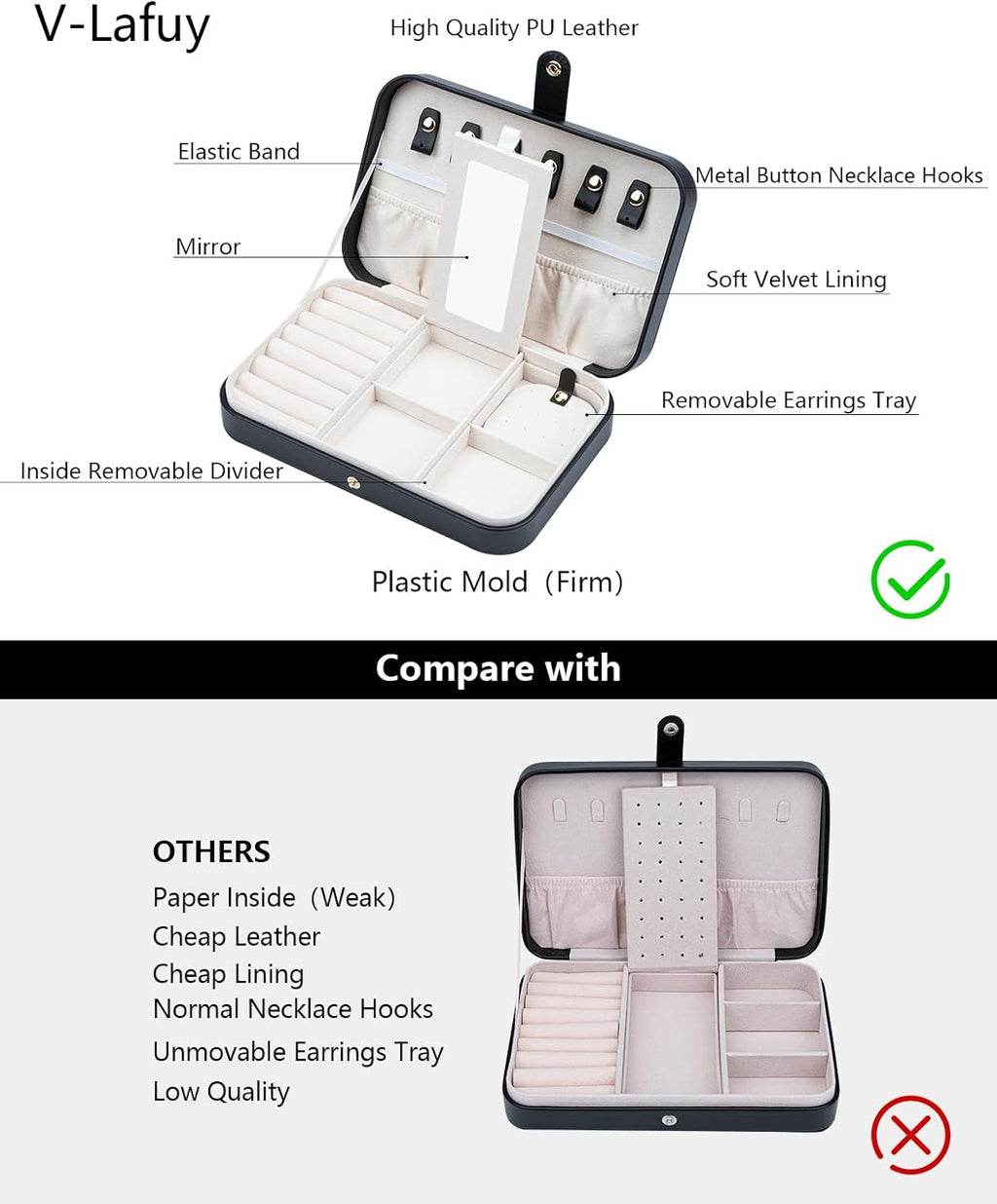 Small Jewelry Box, Travel Jewelry Case Portable Jewelry Boxes for Women, 2-Layer Jewelry Travel Organizer, Gift for Women Girls, Black B