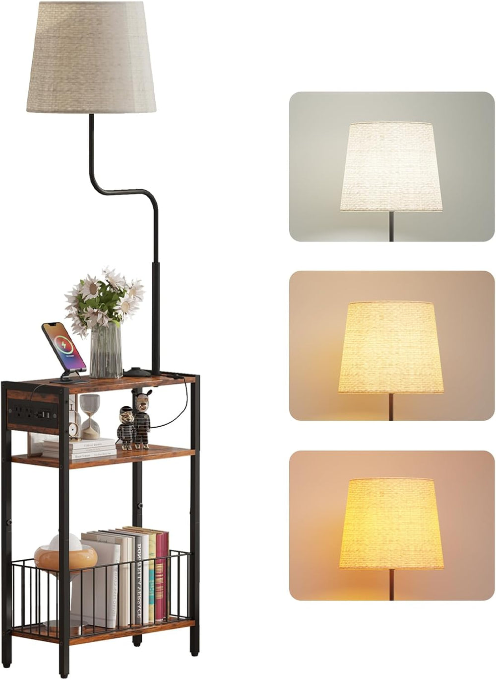 HavenlyYouth Floor Lamp with Table & Storage Baskets, End Table with 3 Co...