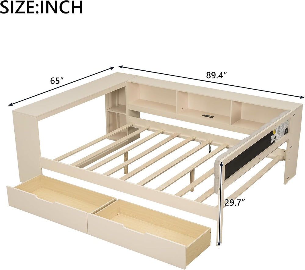 Tidyard Wood Full Size Platform Bed with Storage Shelves Drawers and USB Char...