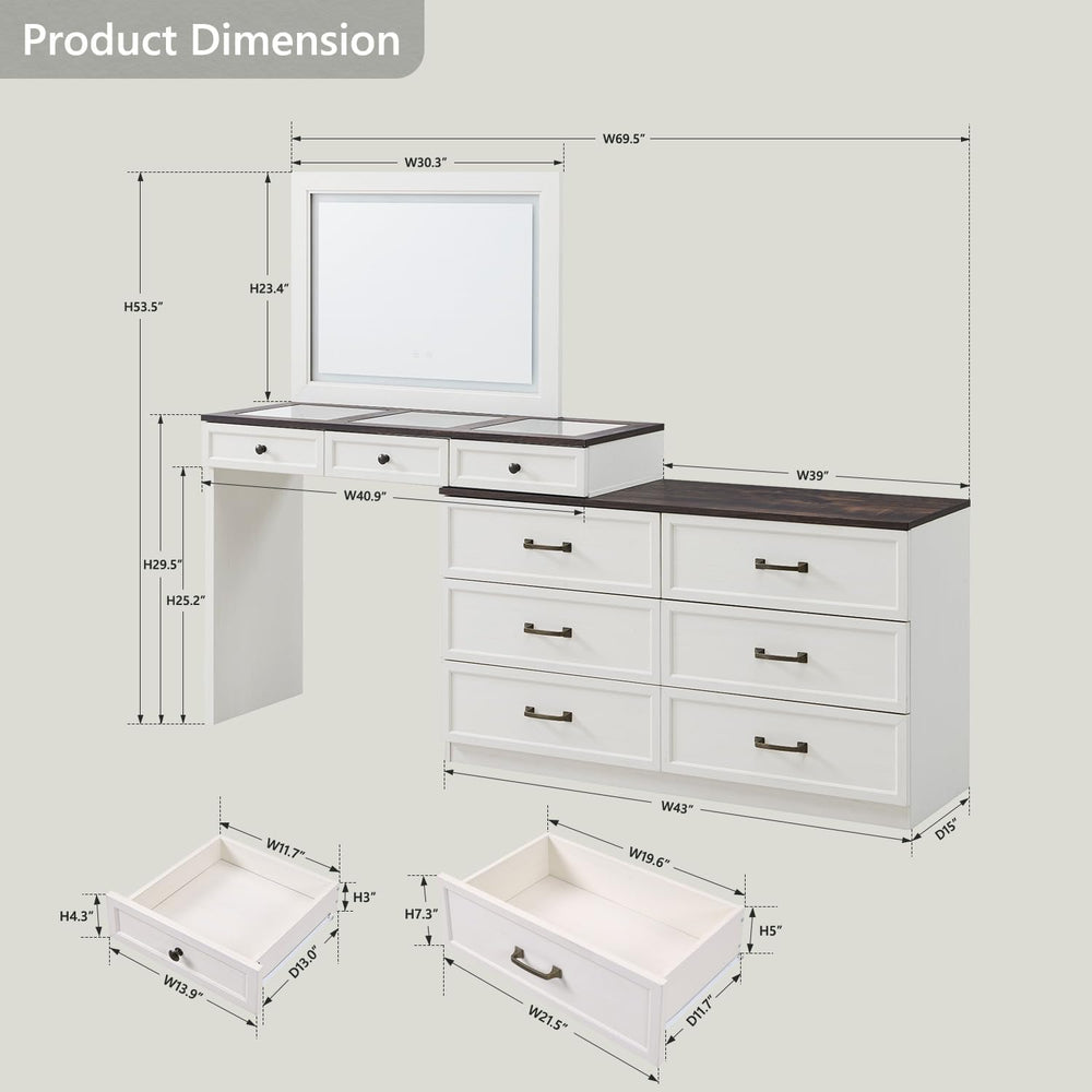 Aitjunz 69" W Farmhouse Vanity Desk with Glass Top,9 Drawers, Antique Wh...