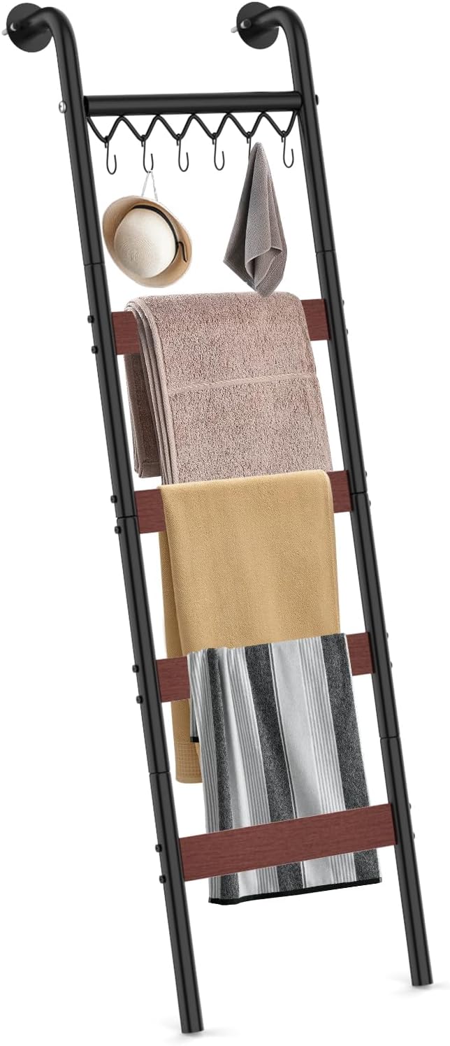 Wooden Blanket Ladder, Wall-Leaning Blanket Rack, 5 Tier Ladder Shelf, 5.6 ft Blanket Holder, Decorative Display Ladder Shelf for Storage and Home Decor, Rustic Brown and Black