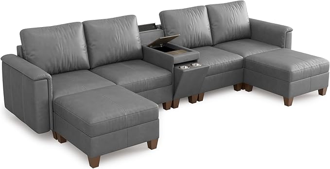 SITJOY 132" Faux Leather Modular Sectional Sofa with Storage, Mid Century Modern Sectional Couches for Living Room, 6 Seat U Shaped Couch with Chaise and Console Table, Hidden Cupholders, Gray