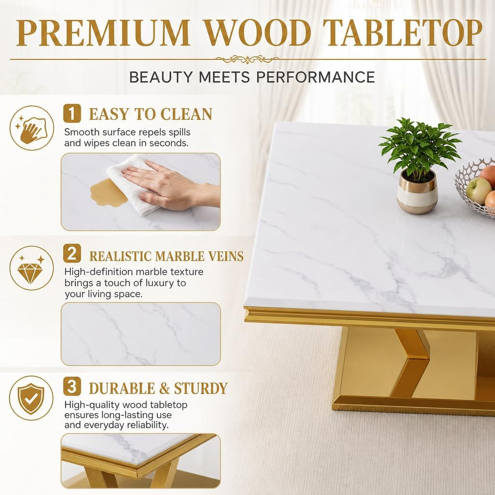 Asday White Coffee Table Set of 3, Gold Polished Geometric Metal Base | Luxur...
