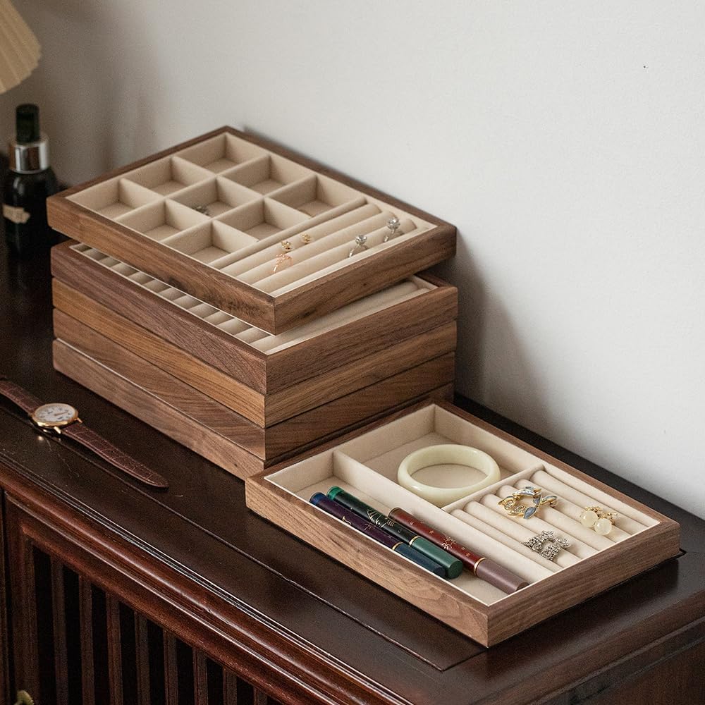 Black Walnut Wooden Flat Jewelry Tray with Lint-Lining, Stackable Jewelry Drawer Storage, Display Tray for Jewelry Organization & Showcase, Premium Quality Jewelry Holder for Women