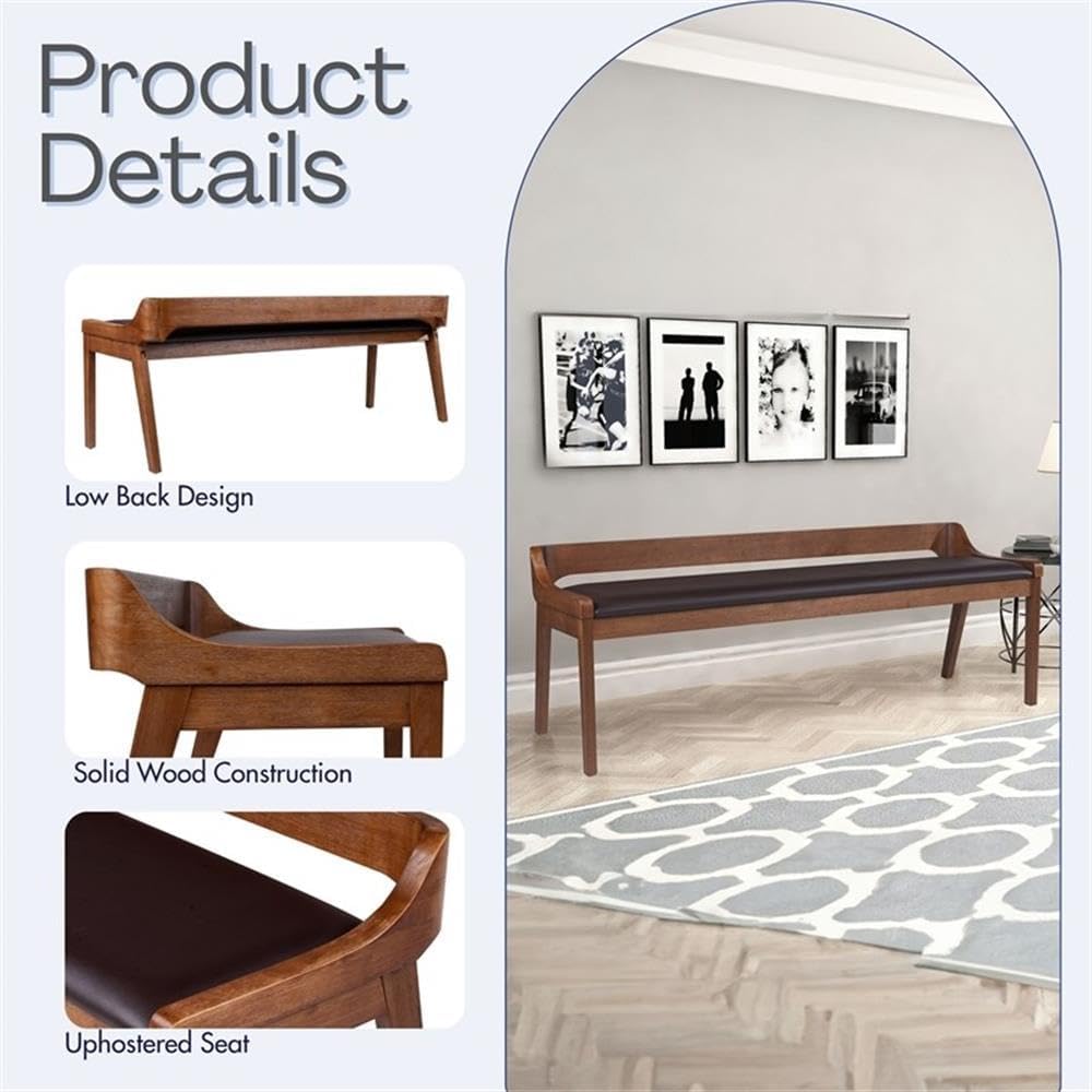 MAKLAINE Mid-Century Rubberwood Dining Bench, Chestnut Wire-Brush Finish, Fau...