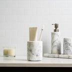 Cork & Mill Marble Toothbrush Holder Cup for Bathroom, Real White Marble Stone Bathroom Accessory, Aesthetic Decorative Countertop Organizer for Tooth Brush & Toothpaste