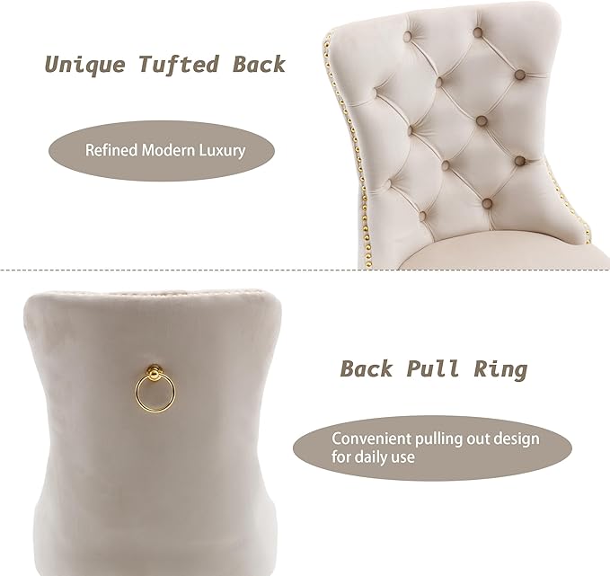 KCC Velvet Dining Chairs Set of 4, Upholstered High-end Tufted Dining Chair with Nailhead Back Ring Pull Trim Stainless Steel Legs, Contemporary Nikki Collection Modern Style for Kitchen, Beige
