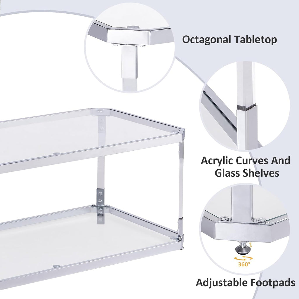 Glass Coffee Table, Clear Coffee Table with 2 Tiers, Acrylic Leg, Chrome Frame, Rectangular Center Table for Living Room (Chrome-New)