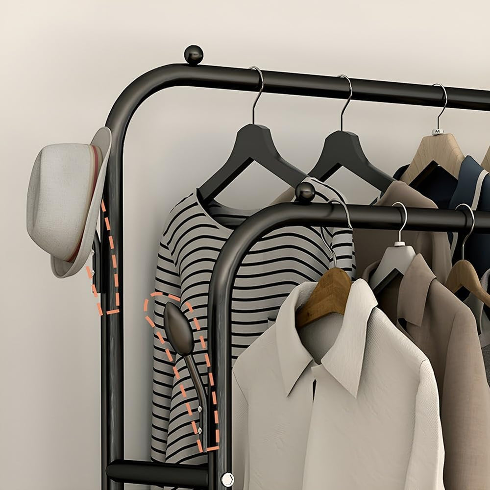 Double Rail Wardrobe nizer - 2-Tier Stora Shelf with 4 Hoo & Wheels - Ver...