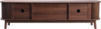 Mid Century Modern TV Stand for TVs up to 75”, Fluted Entertainment Center, Media Console with Tambour Sliding Doors and Rattan-Style Drawers, Walnut Finish Media Console for Living Room