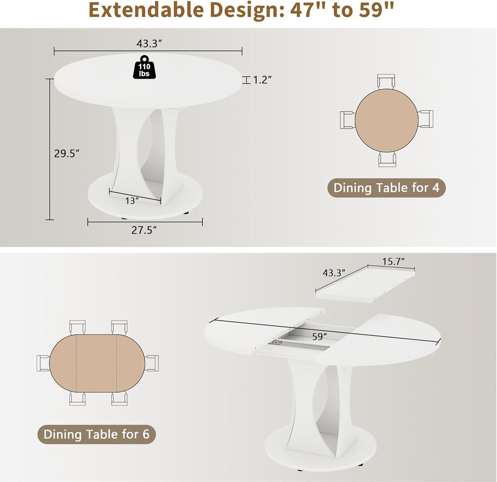 iPormis 43"-59" Extendable Dining Table, Round Kitchen Table with M...