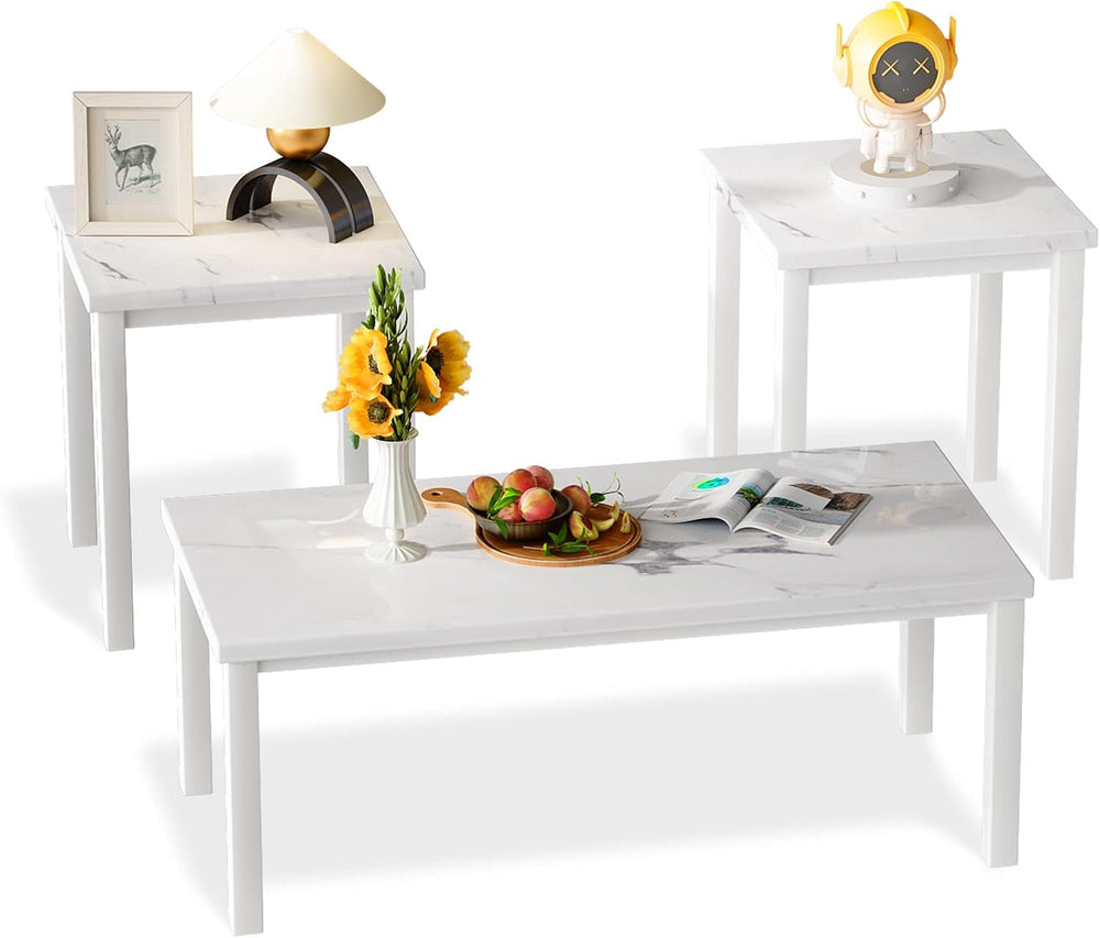 Hooseng 3 Piece Coffee Table Set, Faux Marble Tabletop Style with Black Metal...