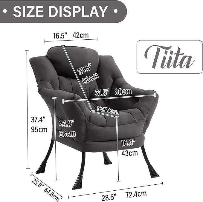 Tiita Lazy Chair, Modern Large Accent Lounge Armchair, Comfy Leisure Sofa Reading Chair with Footrest for Bedroom, Living Room, Dorm Rooms, Garden and Courtyard, Dark Grey