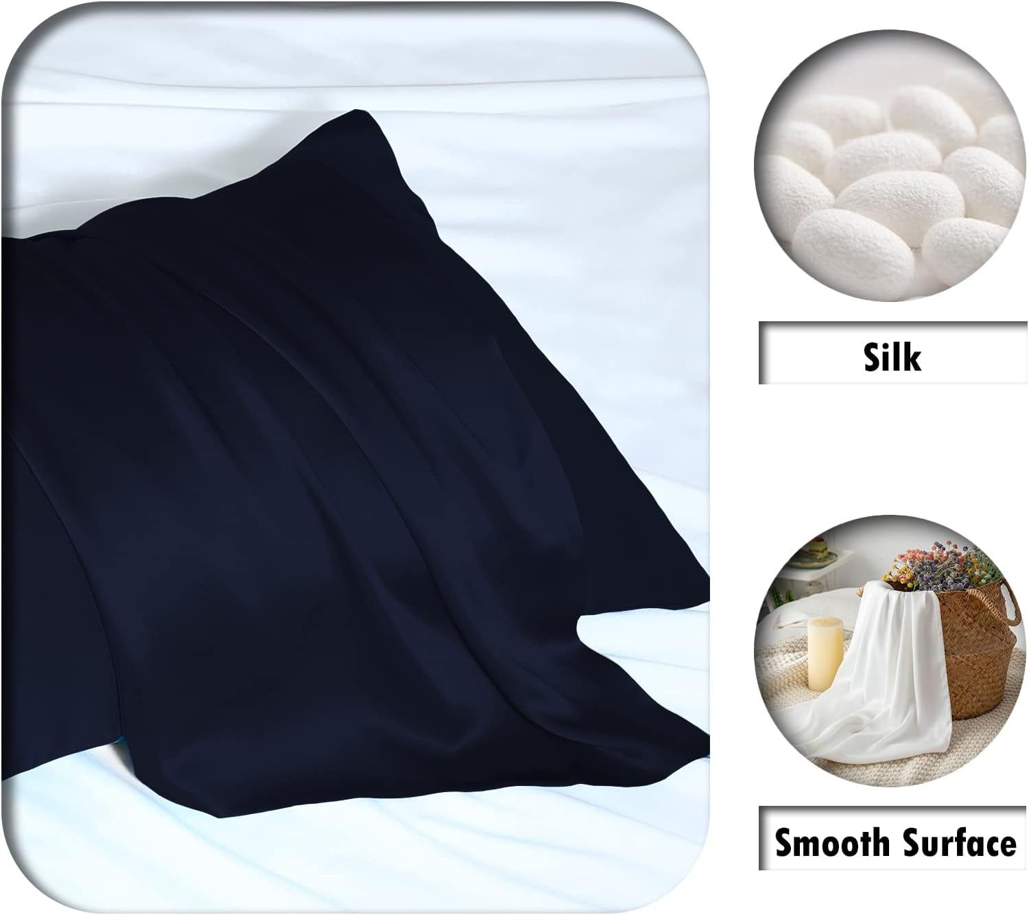 Natural Mulberry Silk Pillowcase for Hair and Skin Queen Size 20"X30" Silk Pillow Case with Hidden Zipper Soft Breathable Smooth Cooling Silk Pillow Covers for Sleeping(Navy Blue,Queen,1Pcs)