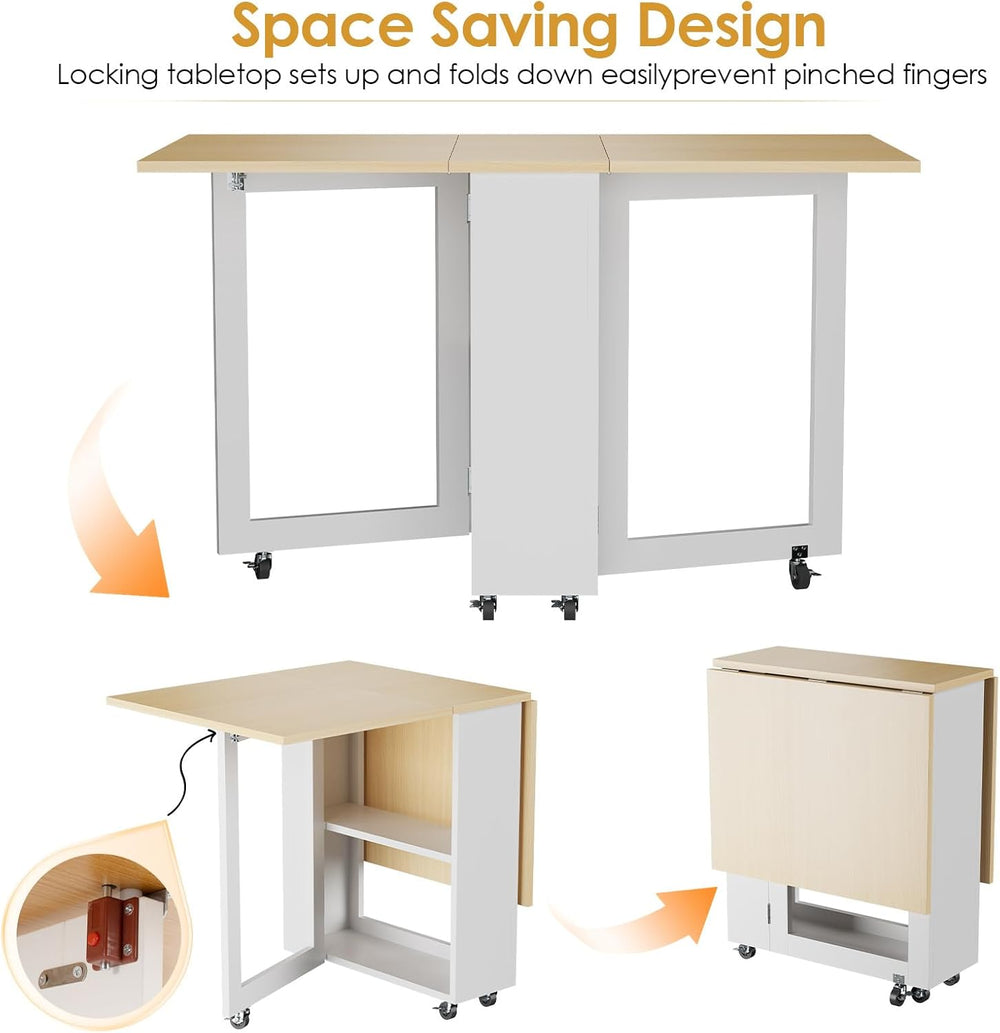 LotFun Folding Dining Table, Space-Saving Dining Table with 6 Rolling Wheels ...