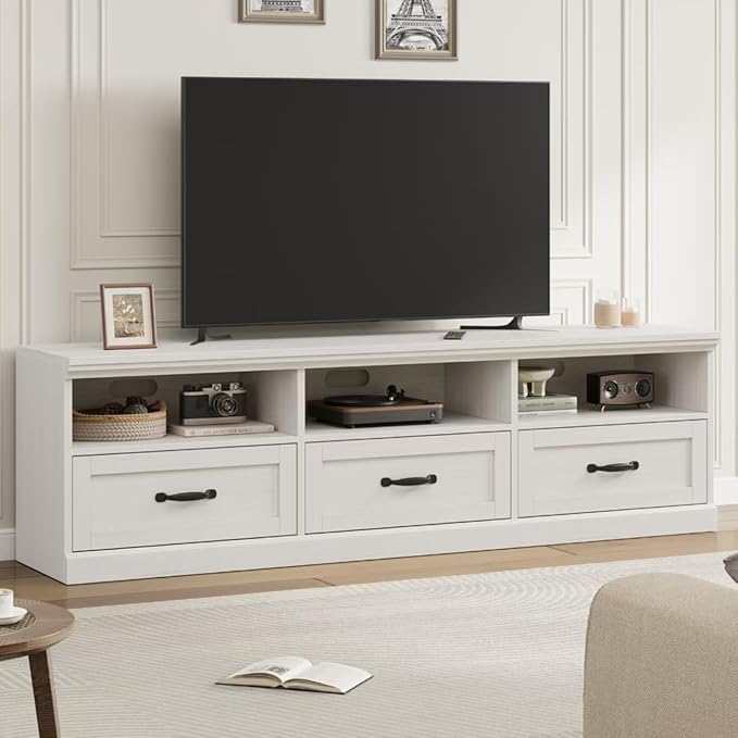 IDEALHOUSE 70in TV Stand for TVs up to 80", Mid Century Modern Entertainment Center with Storage Drawer and Open Shelves, TV Console Media Cabinet for Living Room, Bedroom, Vintage White
