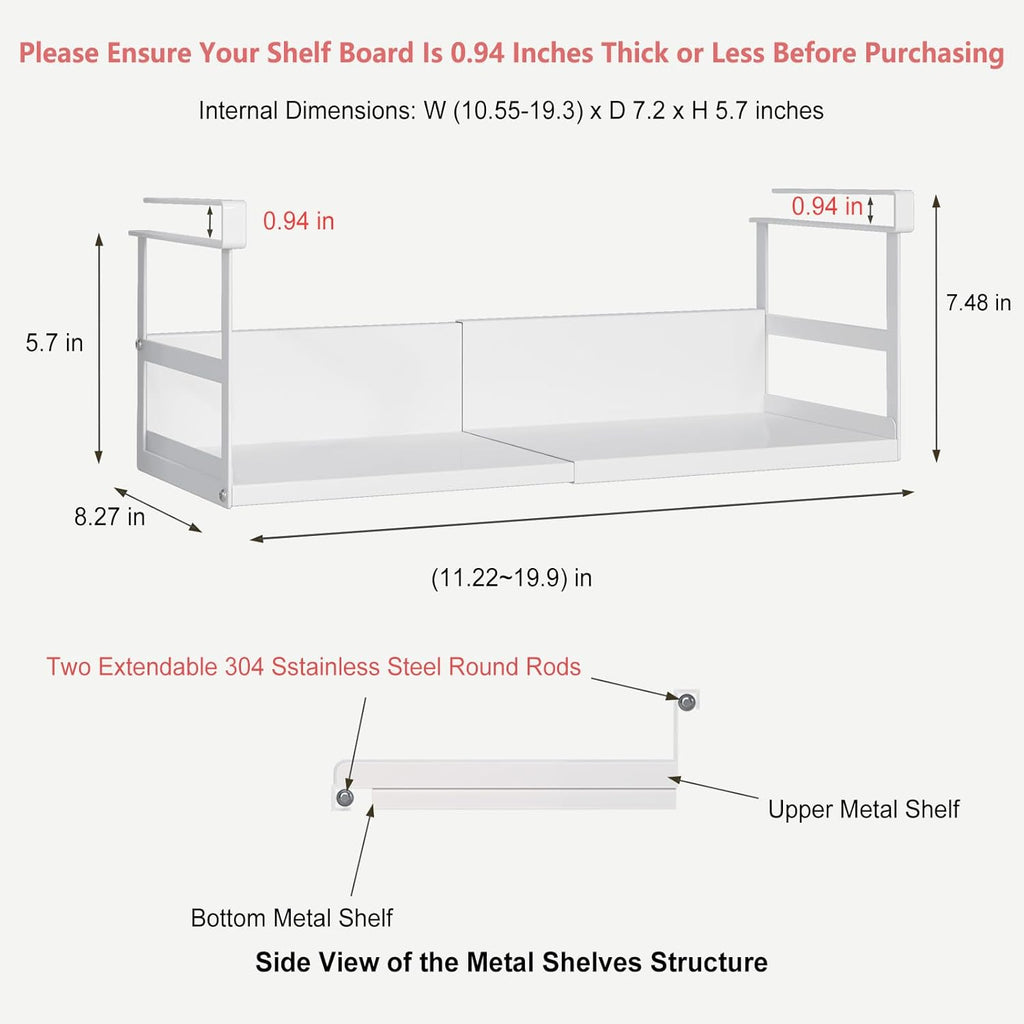 Expandable Under Cabinet Shelf Organizer with 0.94-Inch Thick Clips, Heavy Duty Extendable Under Shelf Storage Basket for Pantry or Laundry Room, White, 1 Pack, Interior: 5.7" H x 7.2" D