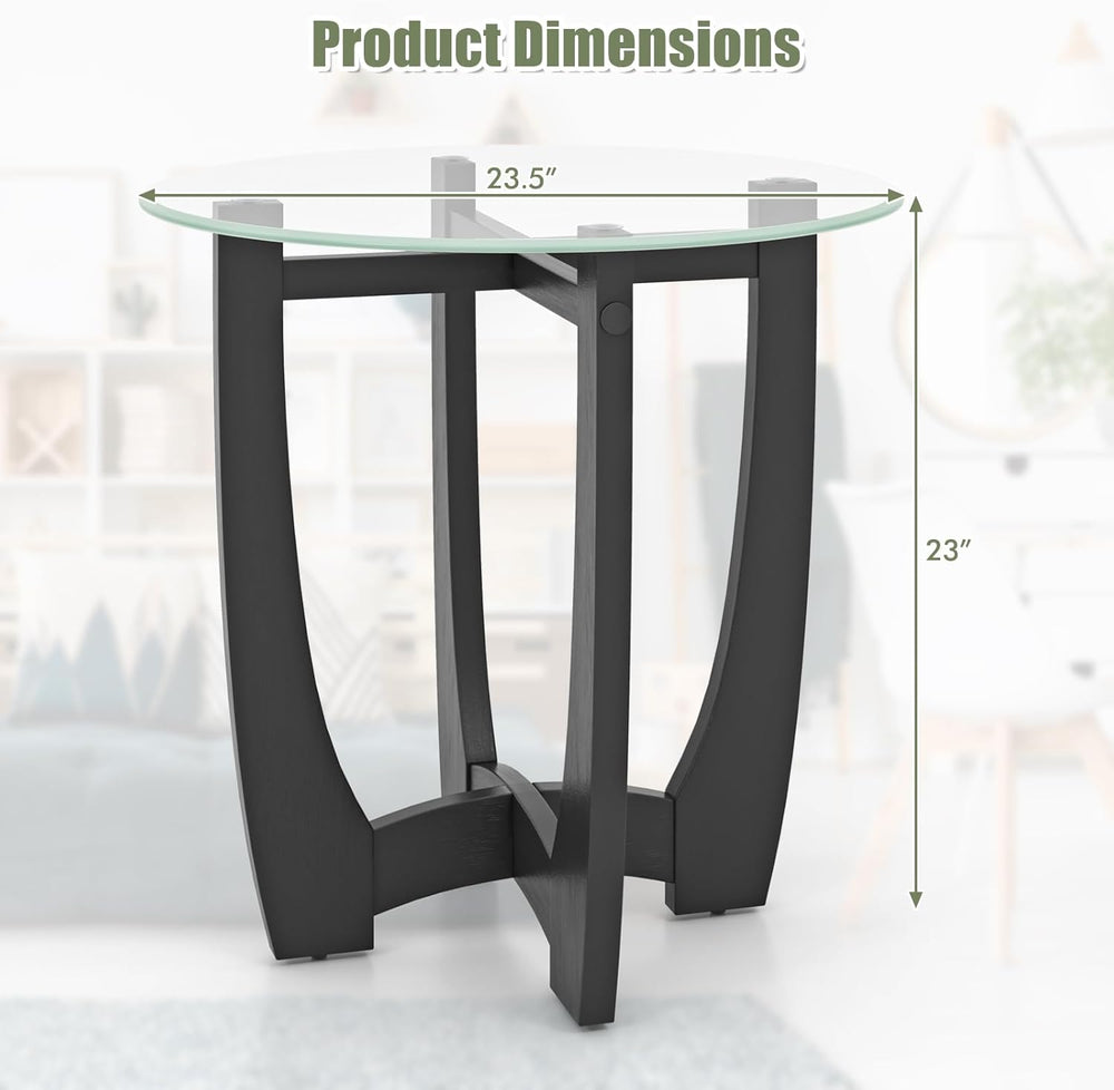 Giantex Glass End Tables Set of 2, Round Side Tables with Rubber Wood Frame &...