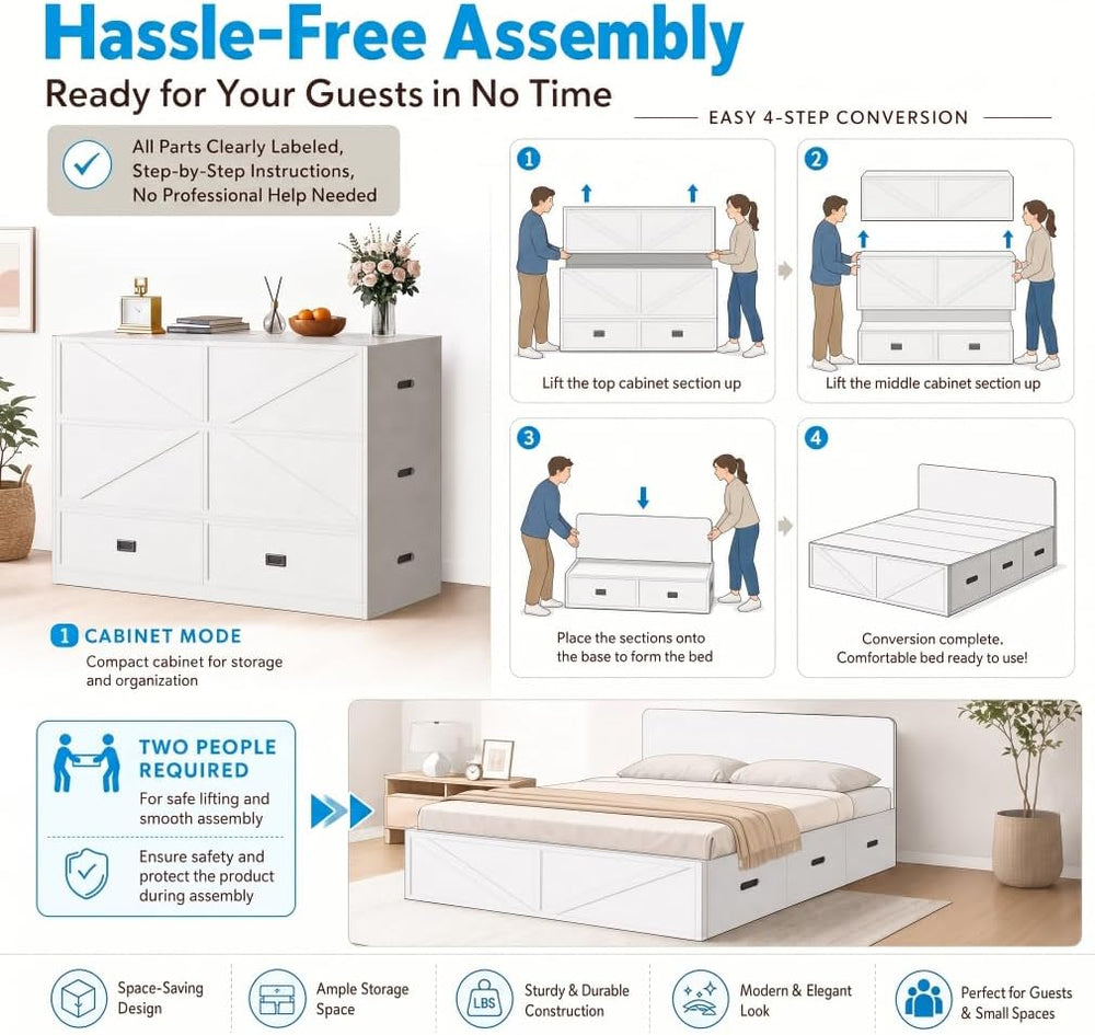 Mjkone Murphy Bed, Cabinet Beds Queen Size with Mattress Included, 3-in-1 Con...