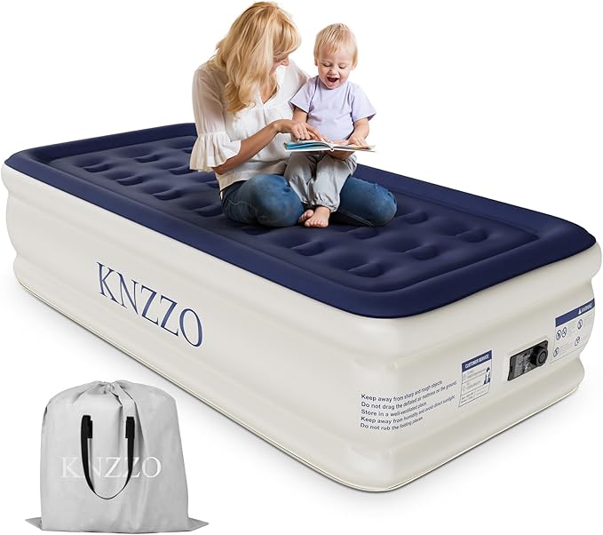 Air Mattress Twin with Built-in Pump, Blow Up Mattress with Soft Flocked Top, Leakproof Inflatable Mattress, Foldable Waterproof Air Bed for Home, Guests, Camping, with Storage Bag