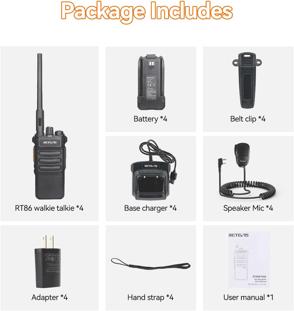Retevis RT86 2 Way Radio Long Range with Mic for Warehouse,High Power,4Pack