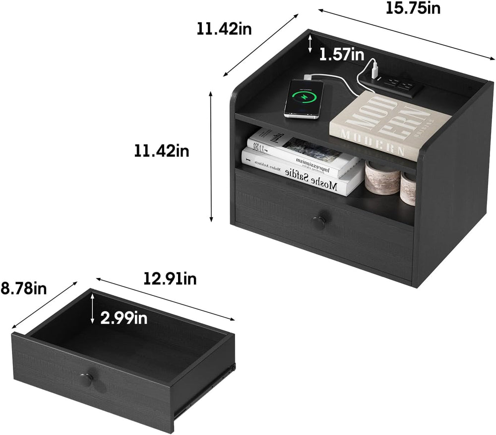 Floating Nightstand Set of 2 Modern Night Stands with Drawer and Open Shelf |...