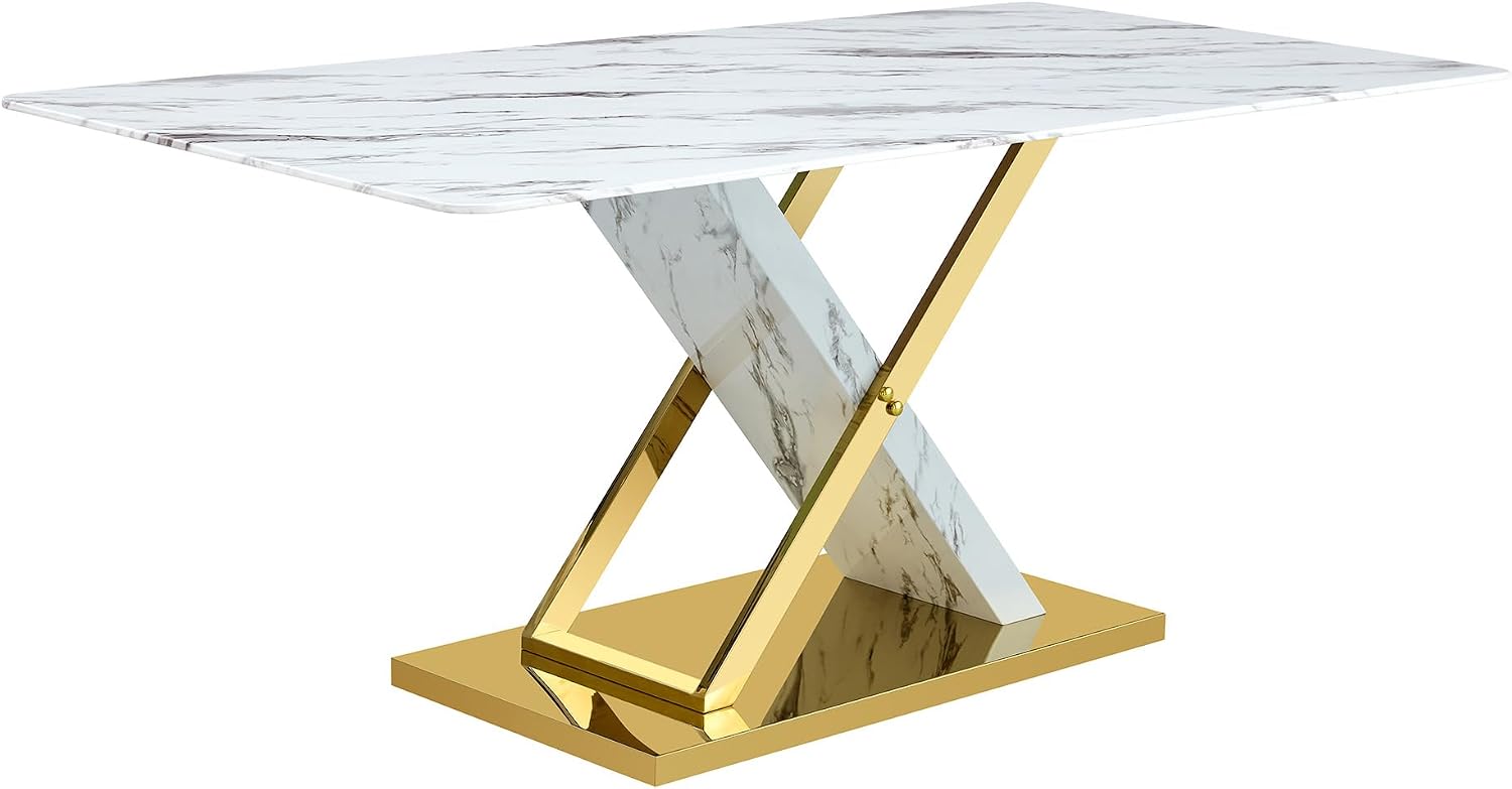 Marble Dining Table Set for 8,Modern 71''White Gold Dining Room Table with Chrome Plated XShaped Frame and White Leather Dining Chairs,Easy Assembley,Kitchen Table and Chairs for Dining Room