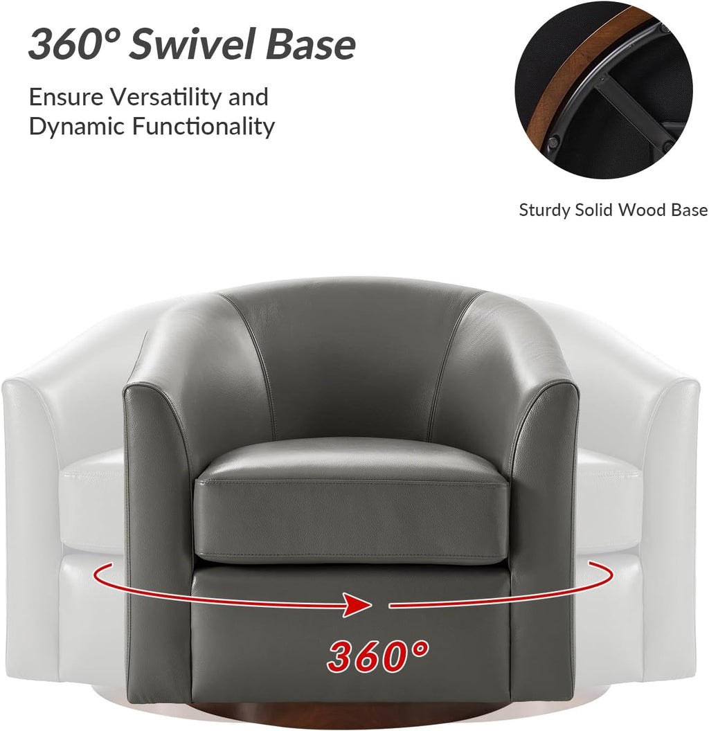 HULALA HOME Genuine Leather Swivel Barrel Chair with Solid Wood Base, Grey | Transitional Round Swivel Accent Chair with Flared Armrests, No Assembly Required, for Living Room Bedroom Reading Relaxation