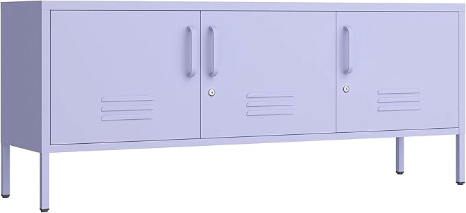 3 Door Lockable Metal TV Stand Storage Cabinet, Wide Heavy Duty Media Console for Large 100+ Inch TVs, Home Office Entertainment Center, Purple 22" H X 47.3" W X 13.8" D