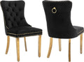 Mid Century Modern Dining Chairs Set of 2, Black Velvet Upholstered Tufted Back, Kitchen & Dining Room Chairs, Gold Metal Legs, Nailhead Trim, Sillas para Comedor (Black, 2 Pcs)