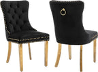 Mid Century Modern Dining Chairs Set of 2, Black Velvet Upholstered Tufted Back, Kitchen & Dining Room Chairs, Gold Metal Legs, Nailhead Trim, Sillas para Comedor (Black, 2 Pcs)