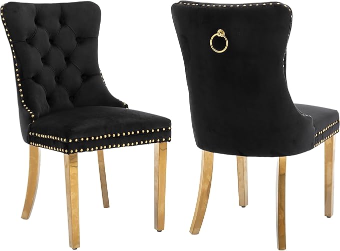 Mid Century Modern Dining Chairs Set of 2, Black Velvet Upholstered Tufted Back, Kitchen & Dining Room Chairs, Gold Metal Legs, Nailhead Trim, Sillas para Comedor (Black, 2 Pcs)